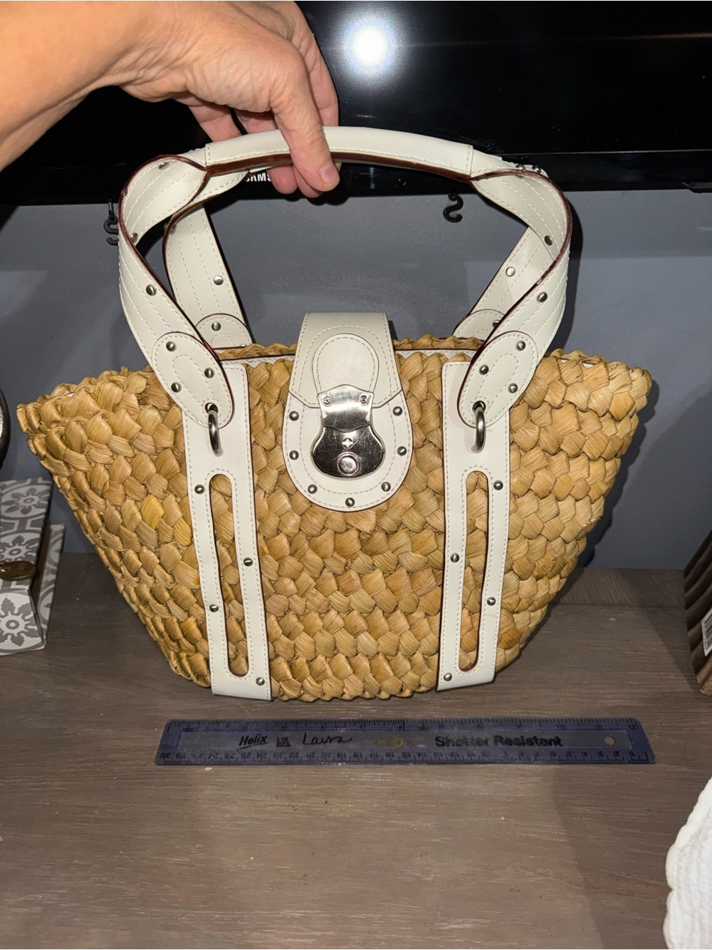 Women’s Woven Straw purse with White leather silver stud Trim Handbag summer